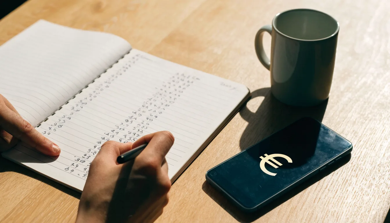 Ein Notizbuch mit handschriftlichen Notizen und ein Taschenrechner stehen auf einem Schreibtisch, daneben eine Tasse.