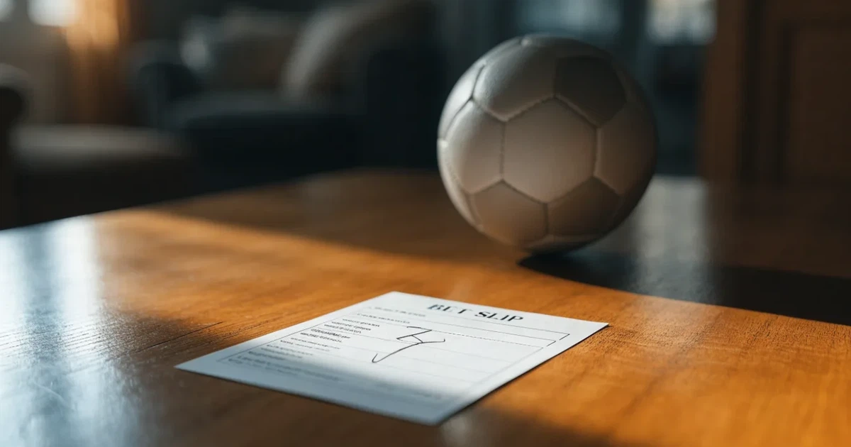 Ein kleines Geschenkband liegt neben einem Fußball und einem leeren Papier-Wettschein auf einem Holztisch im Tageslicht.