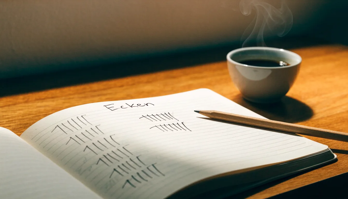 Ein Notizbuch mit handgeschriebenen Strichlisten liegt neben einem Bleistift und einer Kaffeetasse auf einem Holztisch.