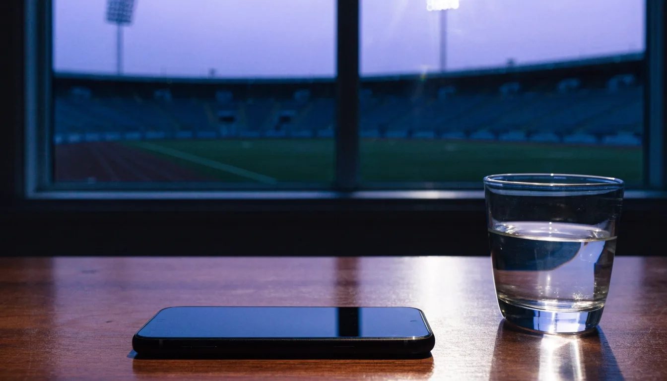 Ein Smartphone mit dunklem Display liegt auf einem Schreibtisch neben einem Glas Wasser, im Fenster dahinter ein Stadion im Dämmerlicht.