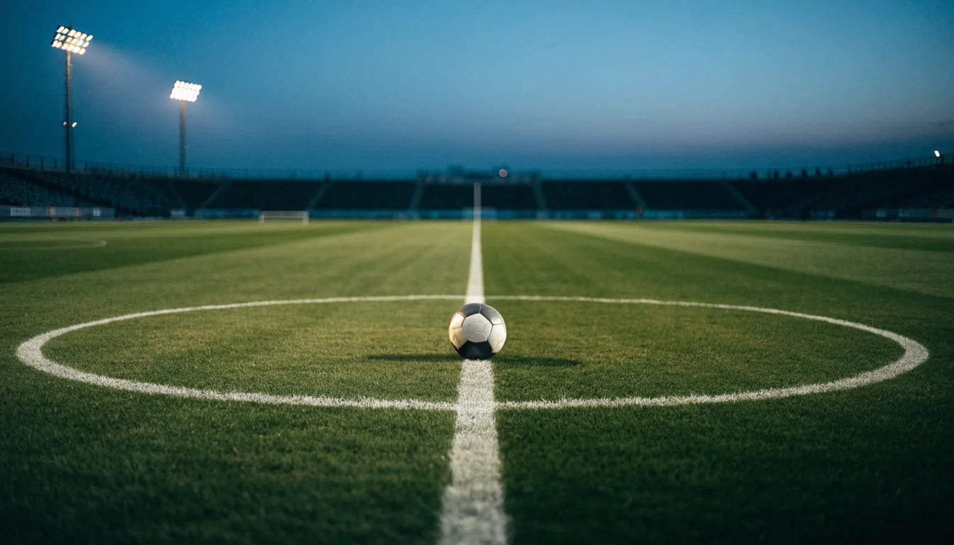 Ein Fußball liegt auf dem Mittelkreis eines leeren Rasenplatzes unter Flutlicht am frühen Abend, die Tribünen sind nur schemenhaft zu erkennen.