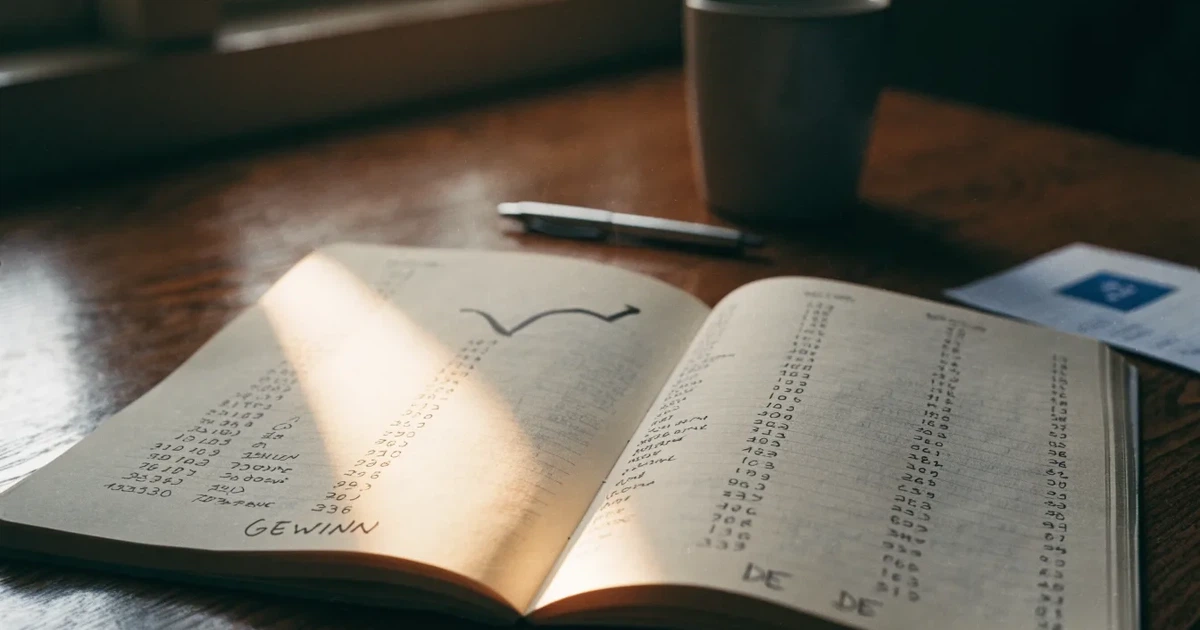 Ein aufgeschlagenes Notizbuch mit handgezeichneten Kurven und Strichen liegt neben einem Taschenrechner auf einem Schreibtisch im Morgenlicht.