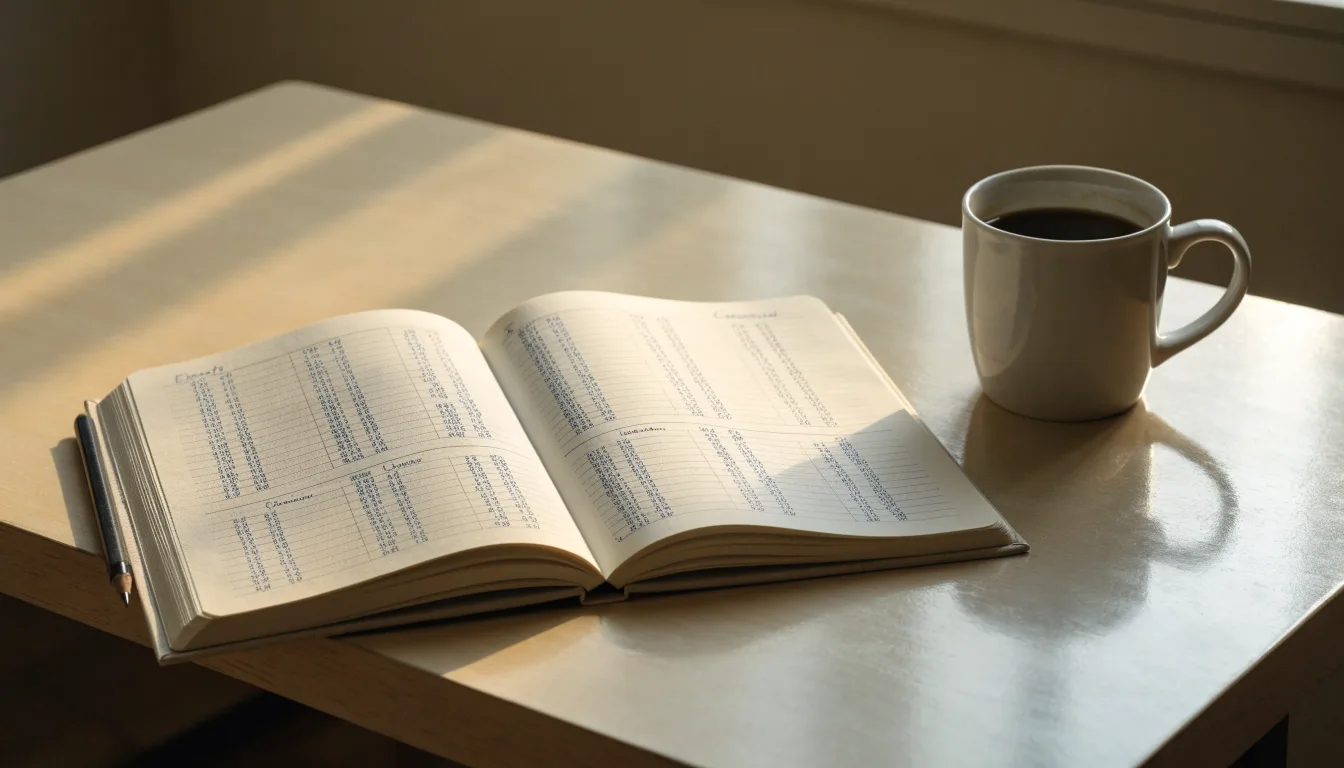 Ein Notizbuch mit handschriftlichen Zahlenreihen und ein Bleistift liegen auf einem Küchentisch neben einer Tasse.