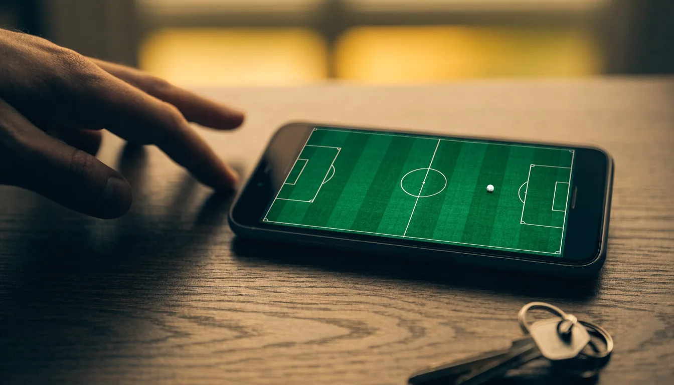 Ein Smartphone mit dunklem Display liegt auf einem Holztisch, daneben ein Schlüsselbund, im Hintergrund ein Fenster mit Abendlicht.