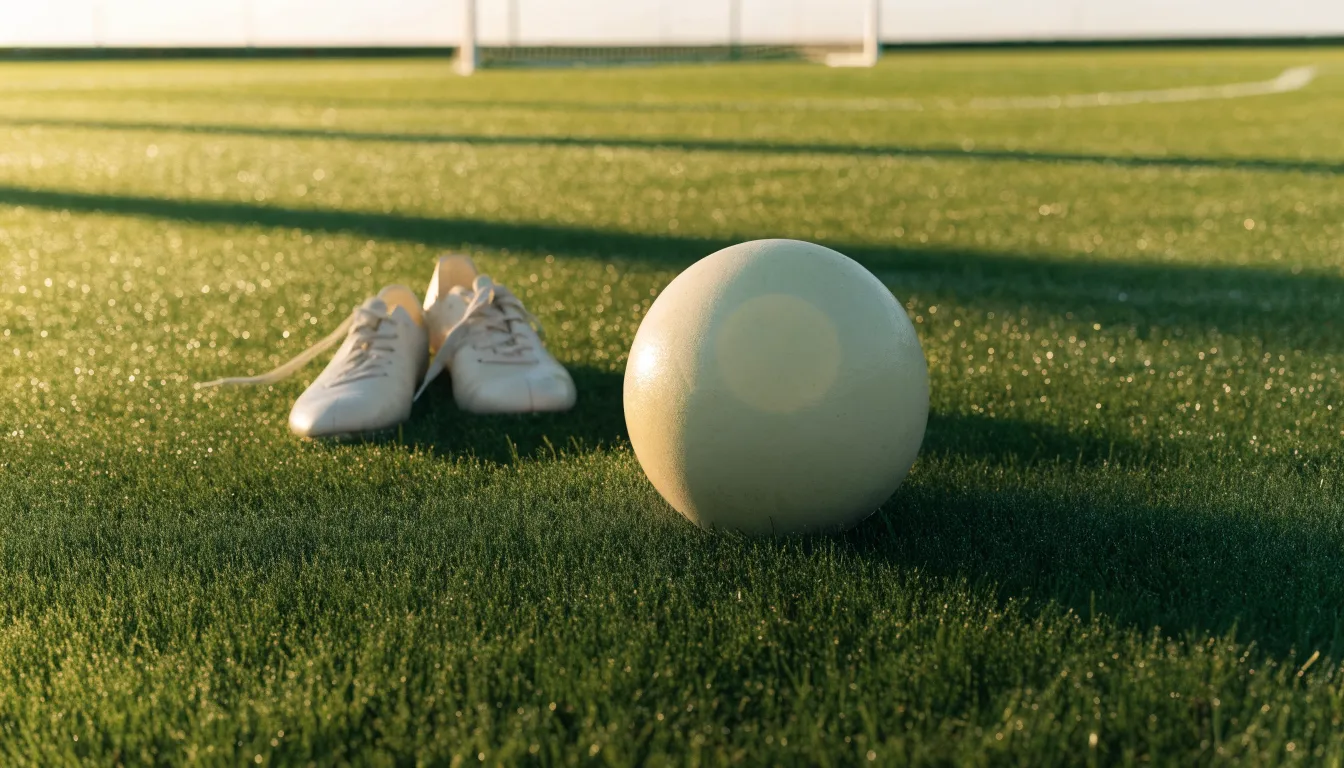 Ein Fußball auf frisch gemähtem Rasen im Morgenlicht, daneben ein Paar Fußballschuhe ohne erkennbare Marke.
