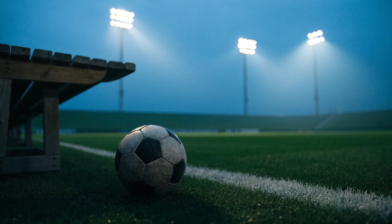 Ein Fußball liegt am Spielfeldrand neben einer leeren Ersatzbank, das Flutlicht über dem Platz leuchtet in der Dämmerung.
