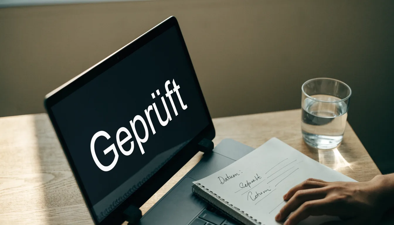 Ein Laptop mit dunklem Bildschirm steht aufgeklappt auf einem Schreibtisch, daneben ein Notizbuch und ein Glas Wasser.