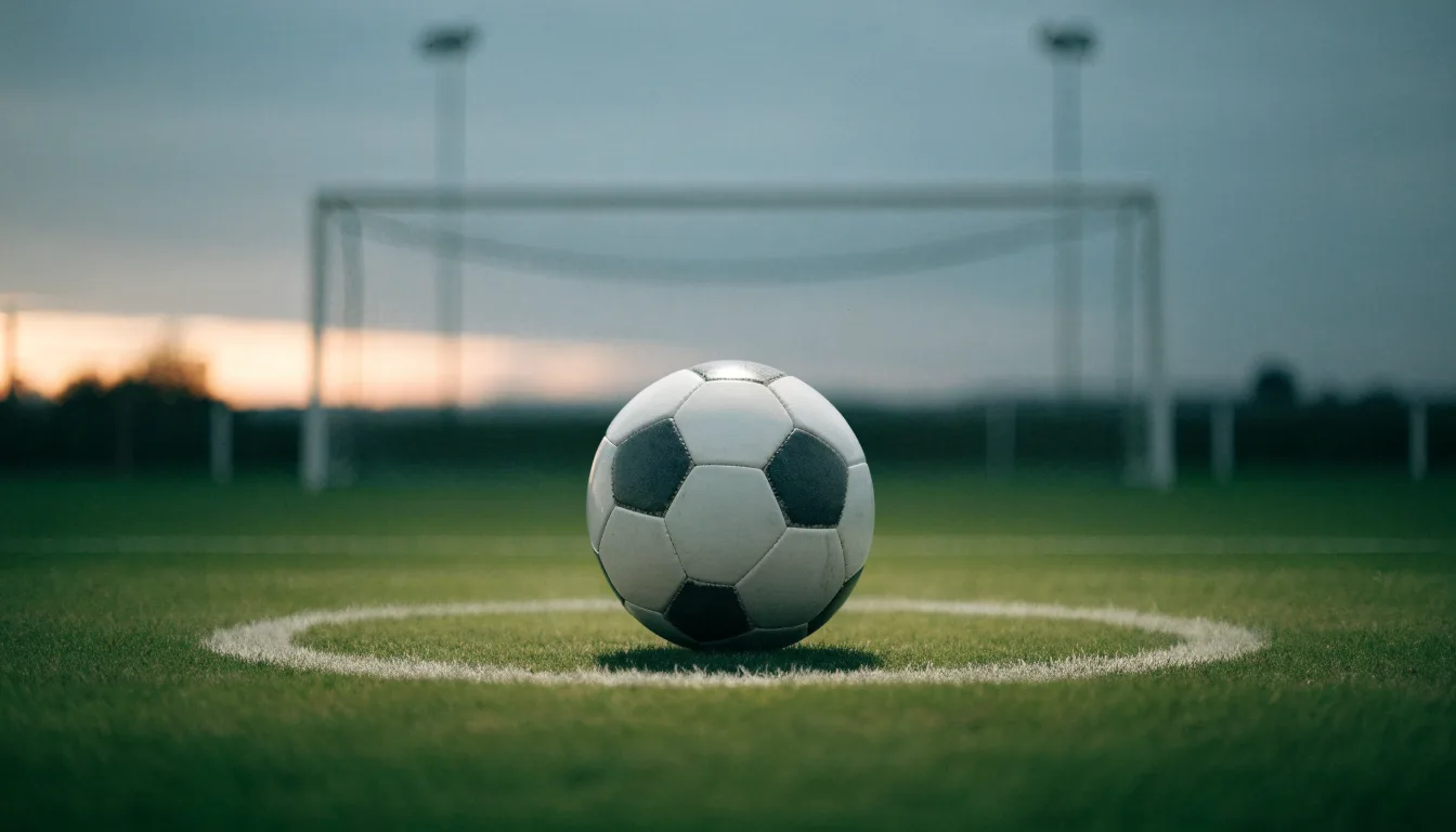 Ein Fußball liegt auf dem Anstoßpunkt eines Rasenplatzes in der Abenddämmerung, Flutlichtmasten stehen unscharf im Hintergrund.