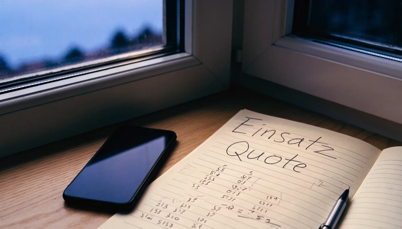 Ein Notizbuch mit handschriftlichen Zahlen liegt neben einem Smartphone mit dunklem Display auf einem Tisch, im Fenster Dämmerlicht.
