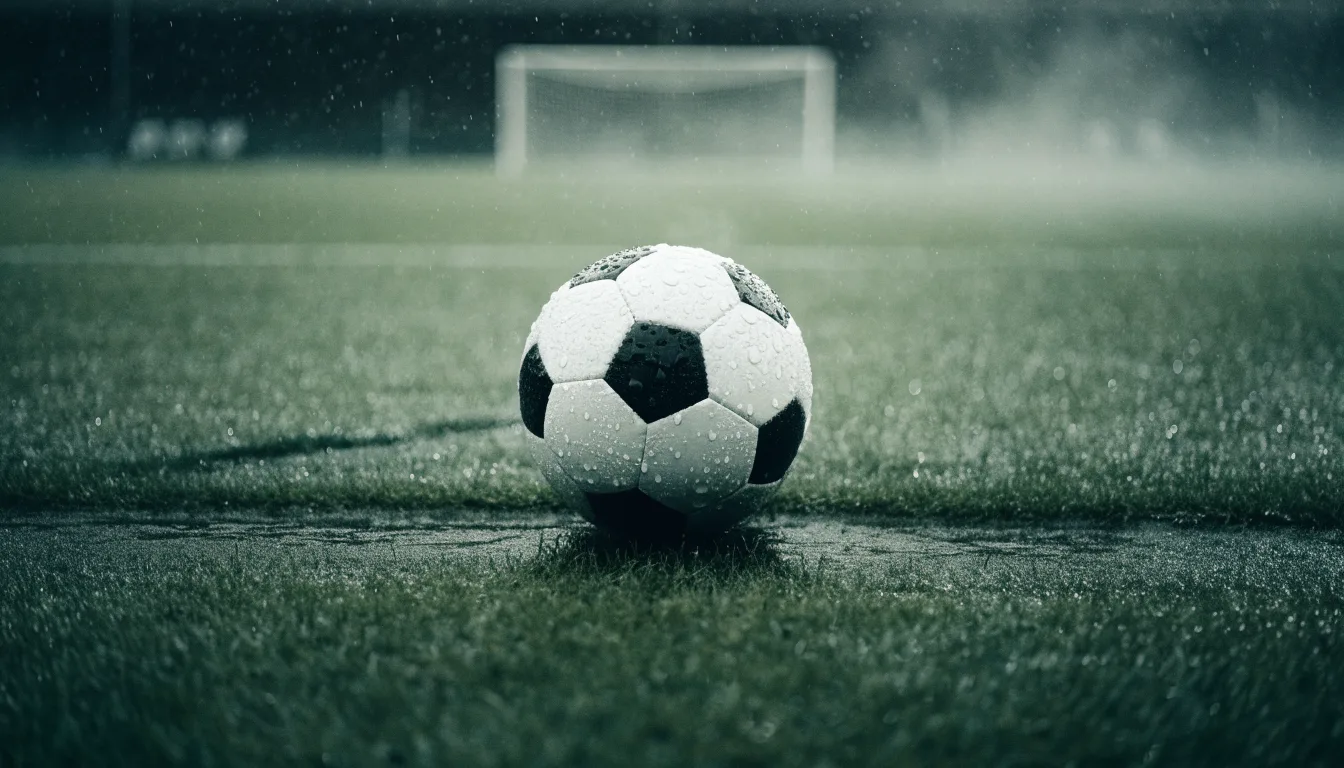 Ein Fußball liegt auf dem Elfmeterpunkt eines nassen Rasenplatzes, im Hintergrund ein leeres Tor im Nebel.