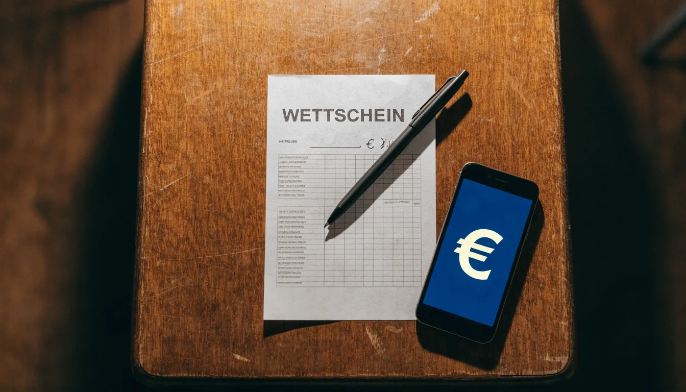 Ein leerer Papier-Wettschein und ein Kugelschreiber liegen auf einem Holztisch neben einem schwarzen Smartphone.