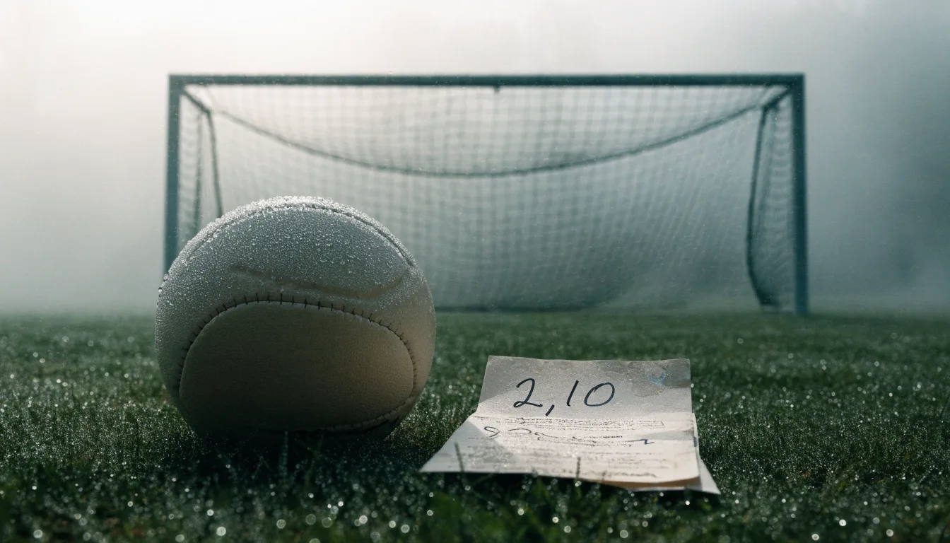 Ein Fußball liegt auf dem Rasen vor einem Tor im Morgennebel, die Netzmaschen sind taufeucht.