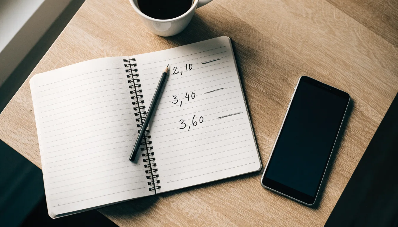 Ein Notizbuch mit handschriftlichen Zahlenreihen liegt neben einem Bleistift und einem Smartphone mit dunklem Display auf einem Tisch.