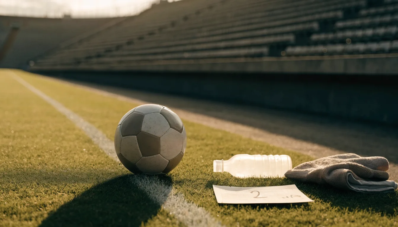 Ein Fußball auf einer Wiese neben der Seitenlinie, daneben eine Trinkflasche ohne Aufdruck und ein Handtuch.