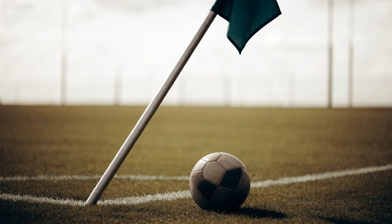 Ein Fußball liegt neben einer Eckfahne auf kurz gemähtem Rasen unter bewölktem Himmel.