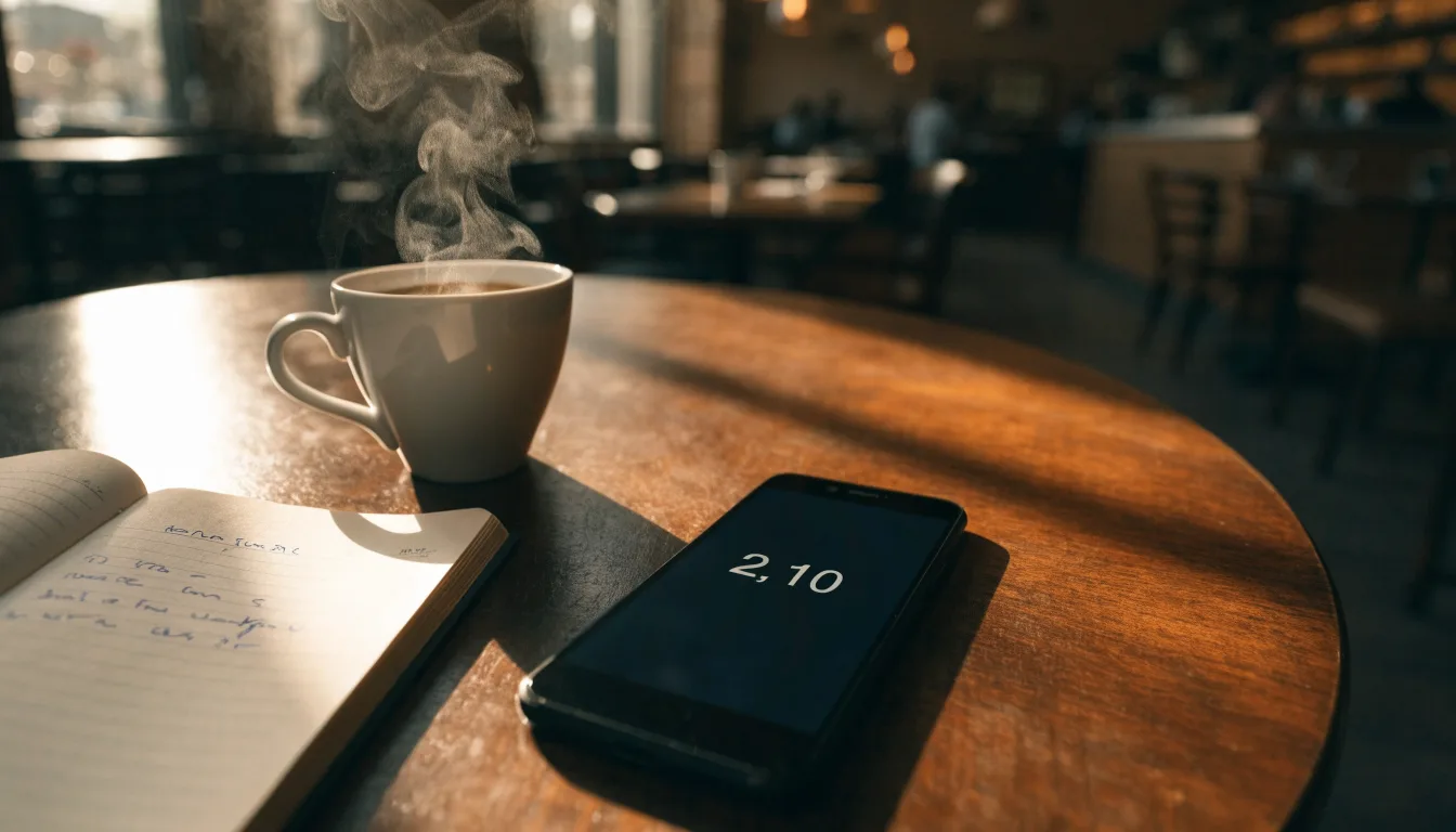 Ein Smartphone liegt mit schwarzem Display neben einer Kaffeetasse und einem Notizblock auf einem Café-Tisch.