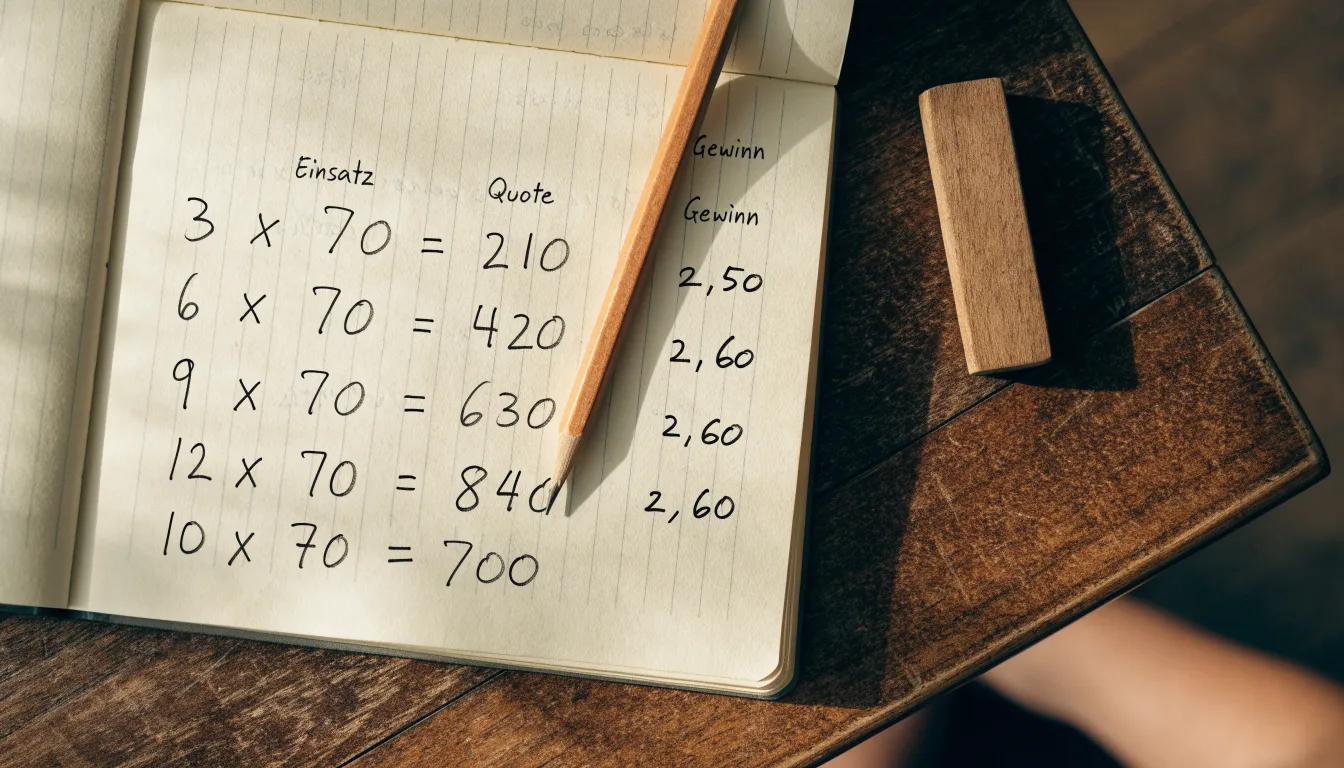 Ein Notizbuch mit handschriftlichen Multiplikationen liegt aufgeschlagen auf einem Holztisch, daneben ein Bleistift und ein Radiergummi.