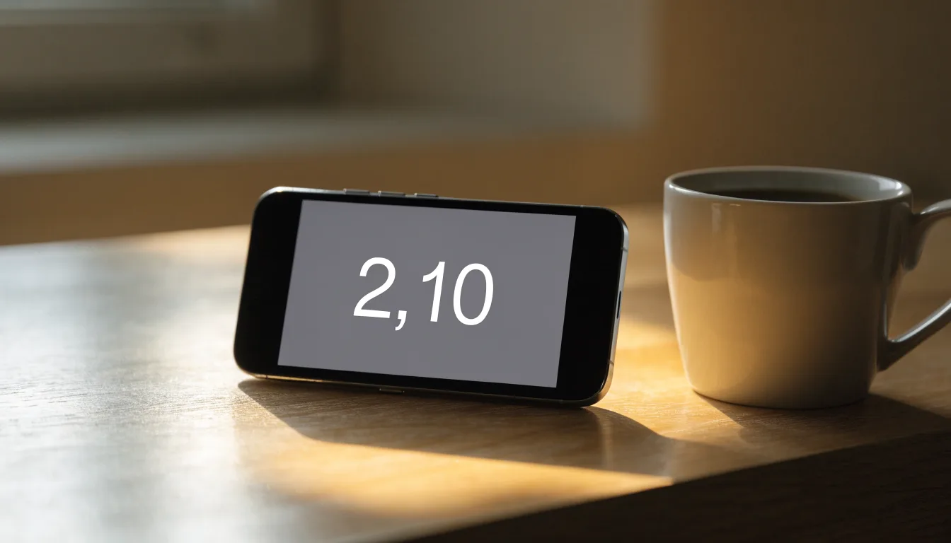 Ein Smartphone mit dunklem Display liegt neben einer Kaffeetasse auf einem Schreibtisch, durch das Fenster fällt Abendlicht.