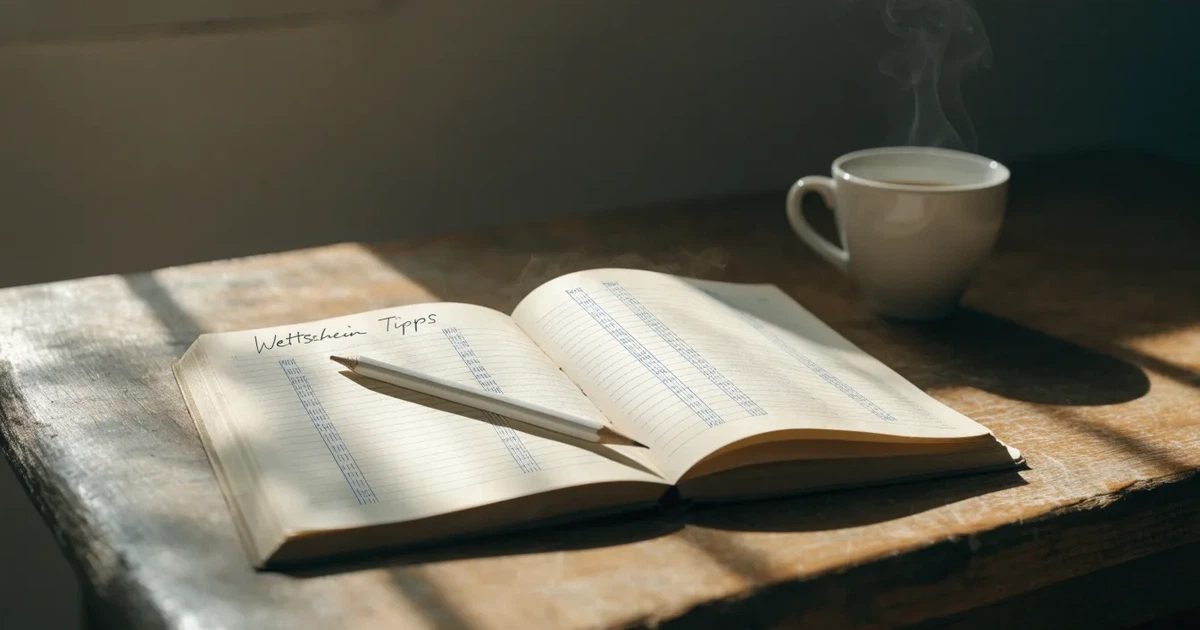 Ein aufgeschlagenes Notizbuch mit handgezeichneten Spalten und Strichen liegt neben einem Bleistift und einer Kaffeetasse auf einem Tisch am Morgen.