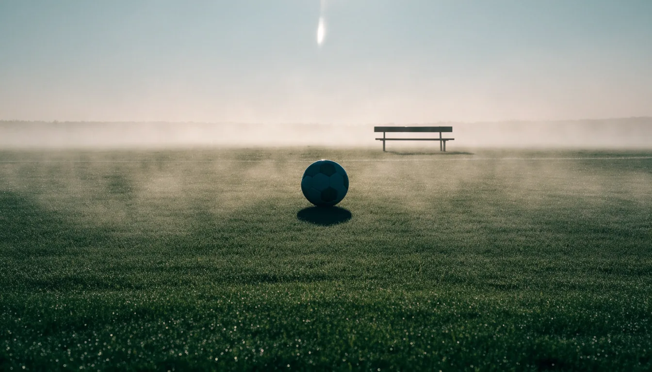 Ein Fußball liegt in der Mitte eines leeren Rasenplatzes im Morgennebel, am Rand steht eine einzelne Auswechselbank.